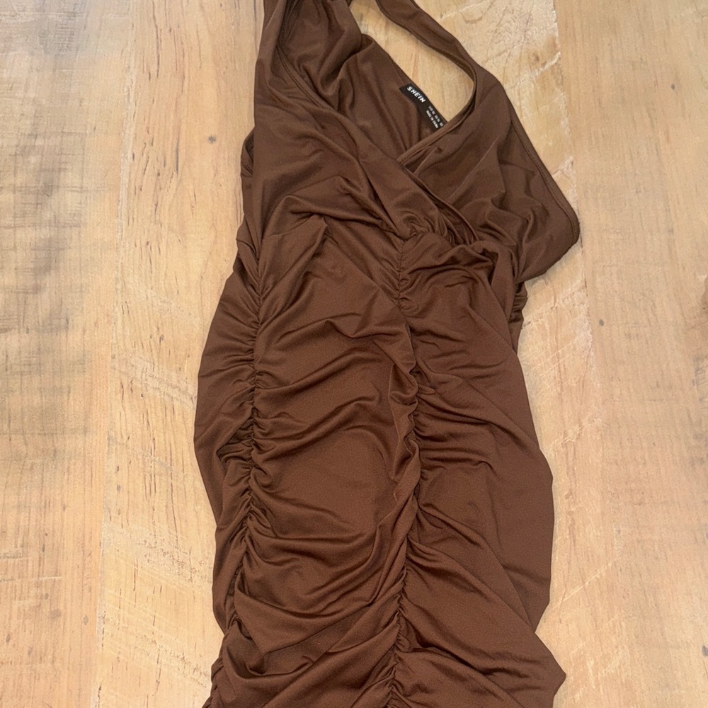 SHEIN Chocolate Brown One-Shoulder Ruched Dress